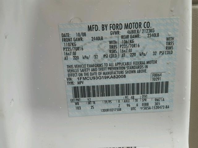 1FMCU93G19KA82008 - 2009 FORD ESCAPE XLT WHITE photo 10