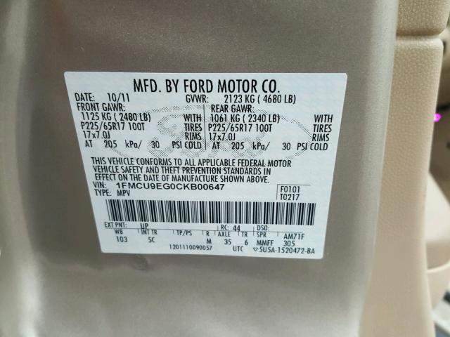 1FMCU9EG0CKB00647 - 2012 FORD ESCAPE LIM GOLD photo 10