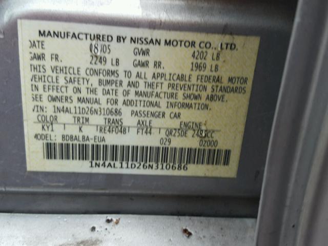 1N4AL11D26N310686 - 2006 NISSAN ALTIMA S GRAY photo 10