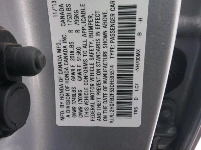 2HGFB2F53DH595514 - 2013 HONDA CIVIC LX SILVER photo 10