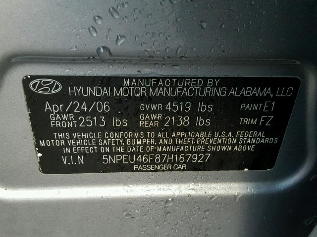 5NPEU46F87H167927 - 2007 HYUNDAI SONATA SE GRAY photo 10