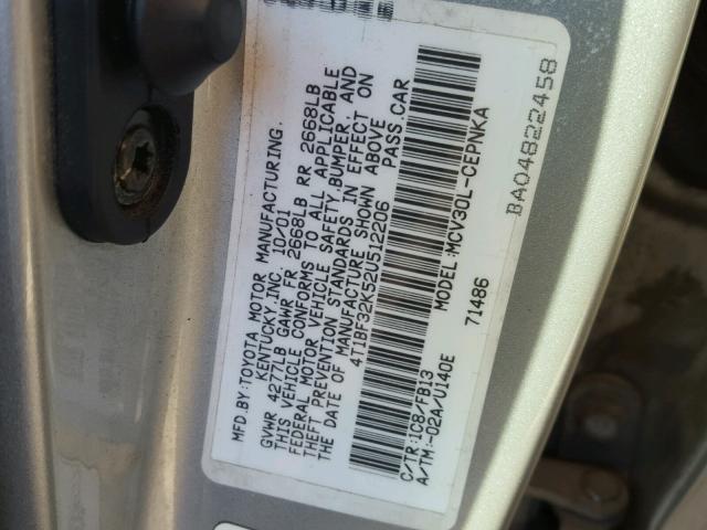 4T1BF32K52U512206 - 2002 TOYOTA CAMRY LE SILVER photo 10