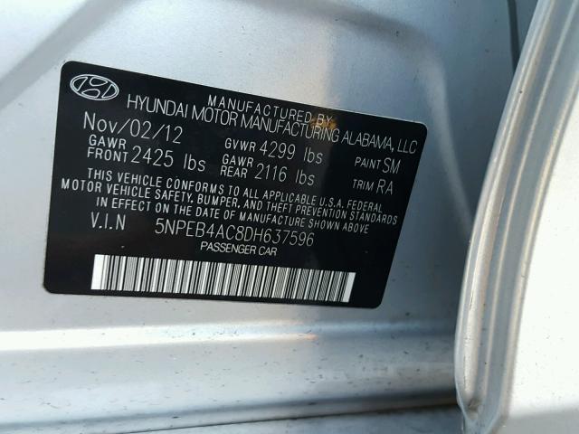 5NPEB4AC8DH637596 - 2013 HYUNDAI SONATA GLS SILVER photo 10