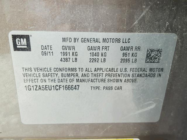 1G1ZA5EU1CF166647 - 2012 CHEVROLET MALIBU LS ყავისფერი ფოტო 10