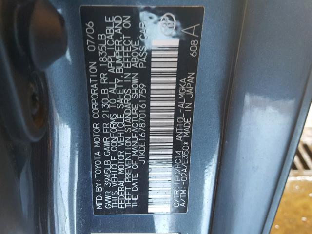 JTKDE167870161759 - 2007 TOYOTA SCION TC GRAY photo 10