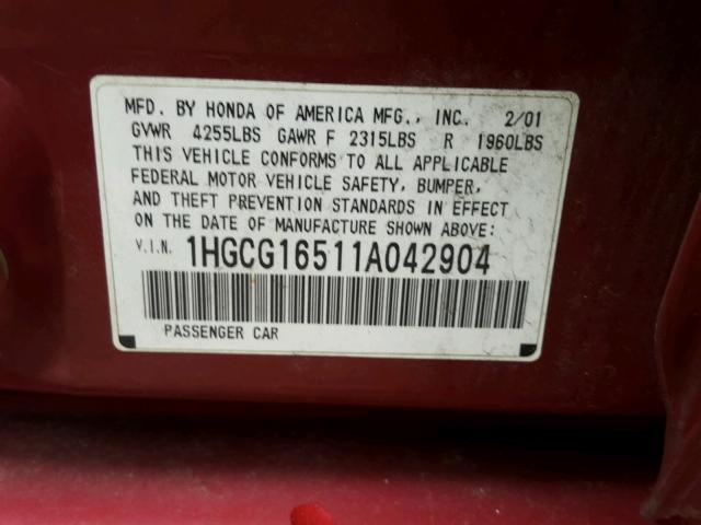 1HGCG16511A042904 - 2001 HONDA ACCORD EX RED photo 10