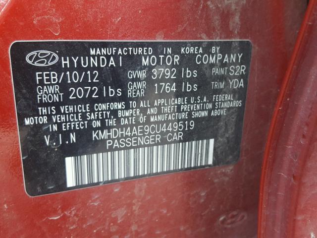 KMHDH4AE9CU449519 - 2012 HYUNDAI ELANTRA GL RED photo 10