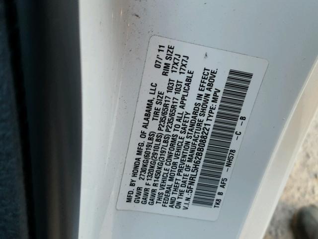 5FNRL5H62BB088221 - 2011 HONDA ODYSSEY EX WHITE photo 10