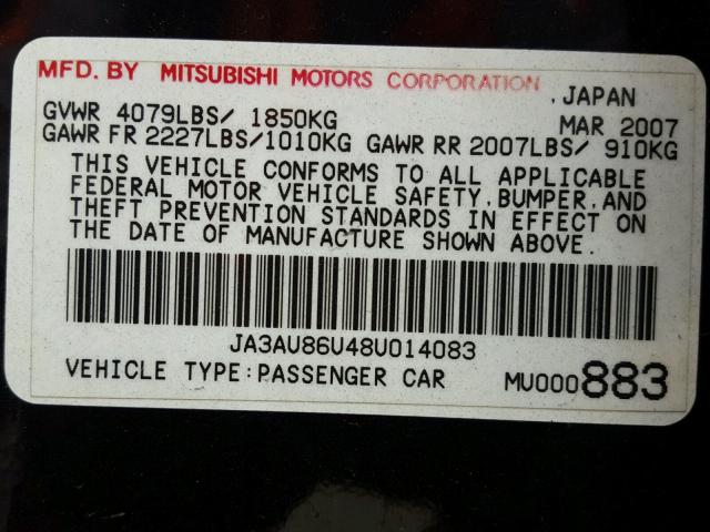 JA3AU86U48U014083 - 2008 MITSUBISHI LANCER GTS BLACK photo 10