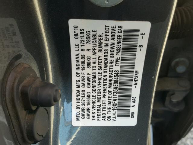 19XFA1F35AE084548 - 2010 HONDA CIVIC VP GRAY photo 10