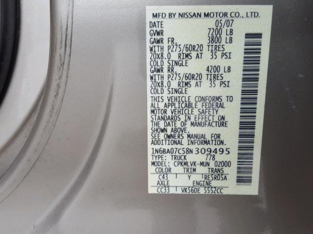 1N6BA07C58N309495 - 2008 NISSAN TITAN XE GOLD photo 10