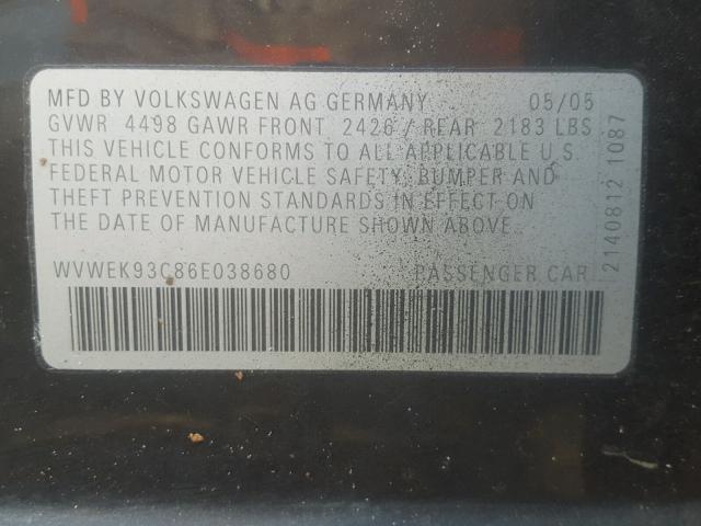 WVWEK93C86E038680 - 2006 VOLKSWAGEN PASSAT 2.0 BLACK photo 10