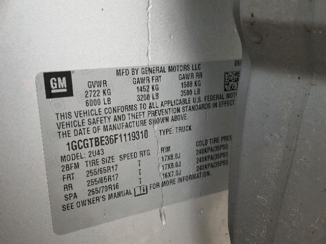 1GCGTBE36F1119310 - 2015 CHEVROLET COLORADO L SILVER photo 10