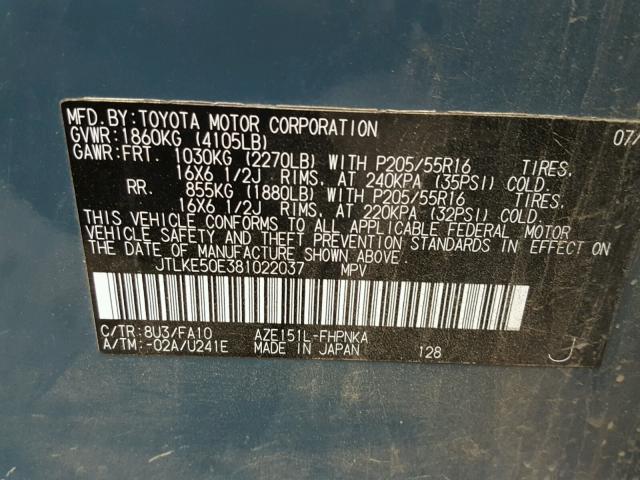 JTLKE50E381022037 - 2008 TOYOTA SCION XB TEAL photo 10