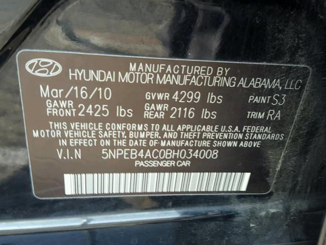 5NPEB4AC0BH034008 - 2011 HYUNDAI SONATA GLS BLACK photo 10