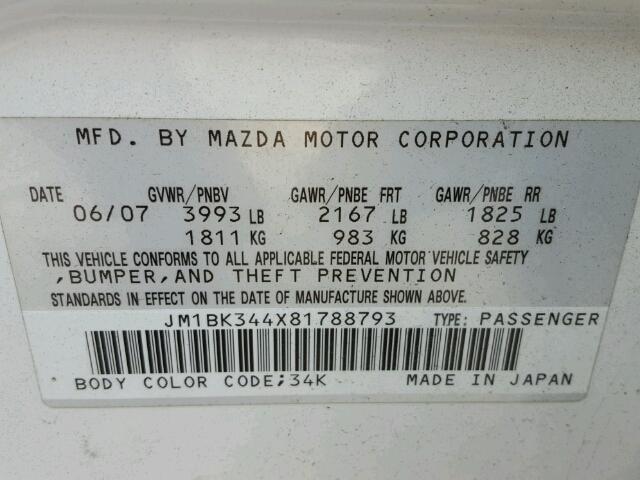 JM1BK344X81788793 - 2008 MAZDA 3 WHITE photo 10