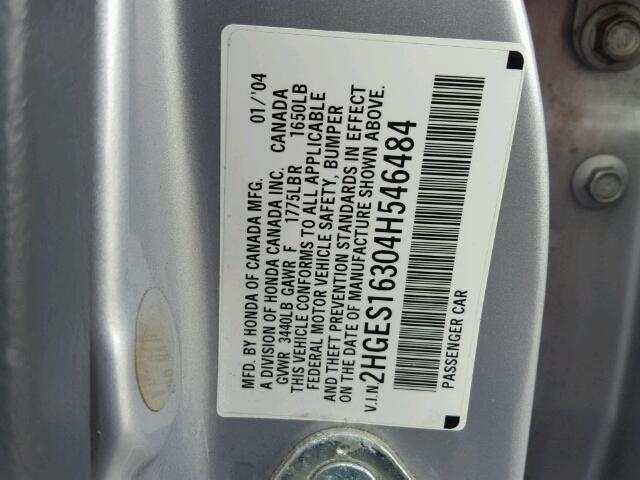 2HGES16304H546484 - 2004 HONDA CIVIC DX V SILVER photo 10