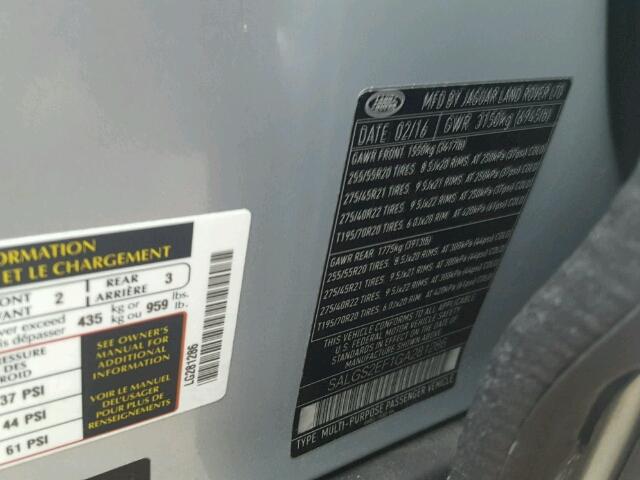 SALGS2EF1GA281286 - 2016 LAND ROVER RANGE ROVE SILVER photo 10