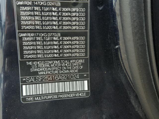 SALSF25416A921024 - 2006 LAND ROVER RANGE ROVE BLUE photo 10