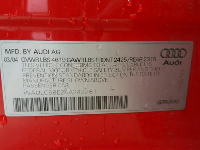 WAULC68E24A242261 - 2004 AUDI A4 1.8T QU RED photo 10