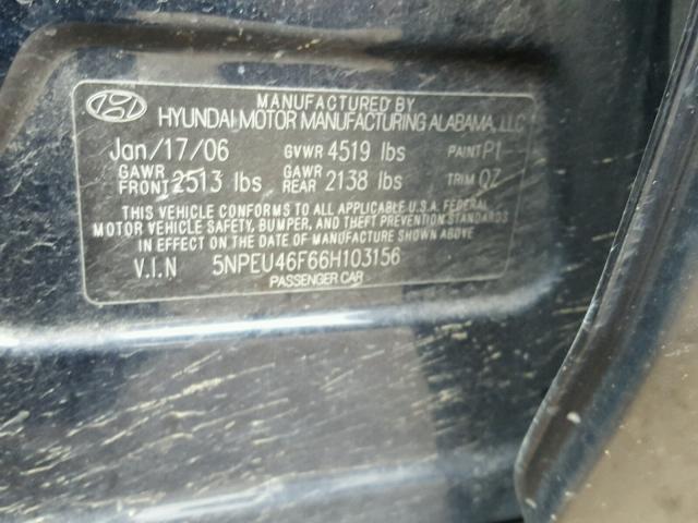 5NPEU46F66H103156 - 2006 HYUNDAI SONATA GLS BLUE photo 10