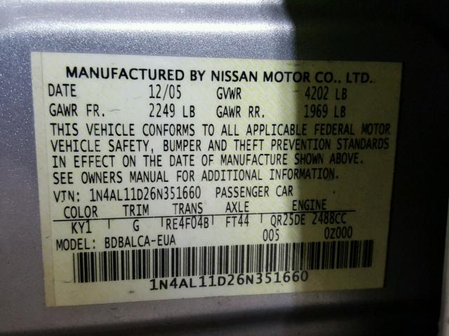 1N4AL11D26N351660 - 2006 NISSAN ALTIMA S SILVER photo 10