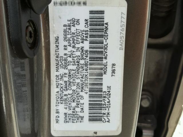 4T1BE32K14U807406 - 2004 TOYOTA CAMRY LE GRAY photo 10