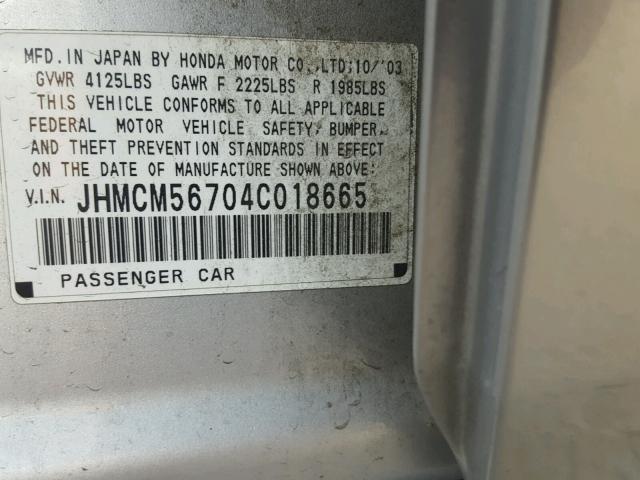 JHMCM56704C018665 - 2004 HONDA ACCORD EX SILVER photo 10