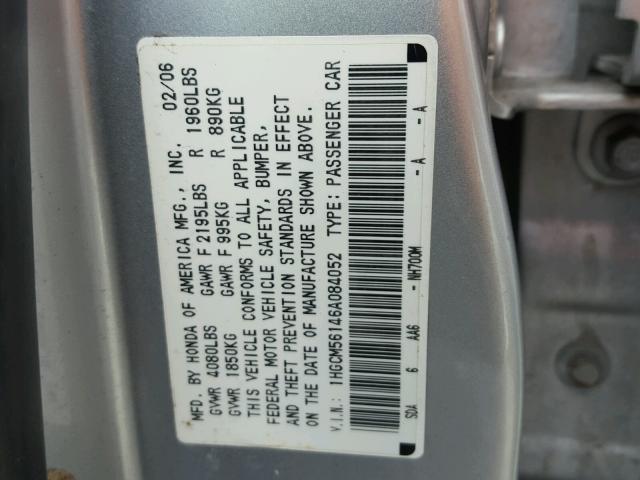 1HGCM56146A084052 - 2006 HONDA ACCORD VAL SILVER photo 10