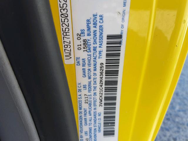3VWCK21C42M436259 - 2002 VOLKSWAGEN NEW BEETLE 黄色 照片 10