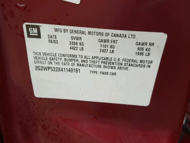 2G2WP522X41149161 - 2004 PONTIAC GRAND PRIX RED photo 10