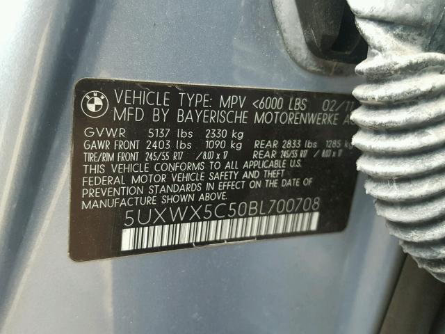 5UXWX5C50BL700708 - 2011 BMW X3 XDRIVE2 ლურჯი ფოტო 10