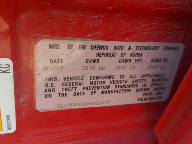 KL1TD666X8B023017 - 2008 CHEVROLET AVEO BASE Կարմիր լուսանկար 10