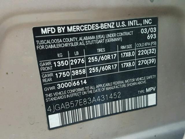 4JGAB57E83A431452 - 2003 MERCEDES-BENZ ML 350 GOLD photo 10