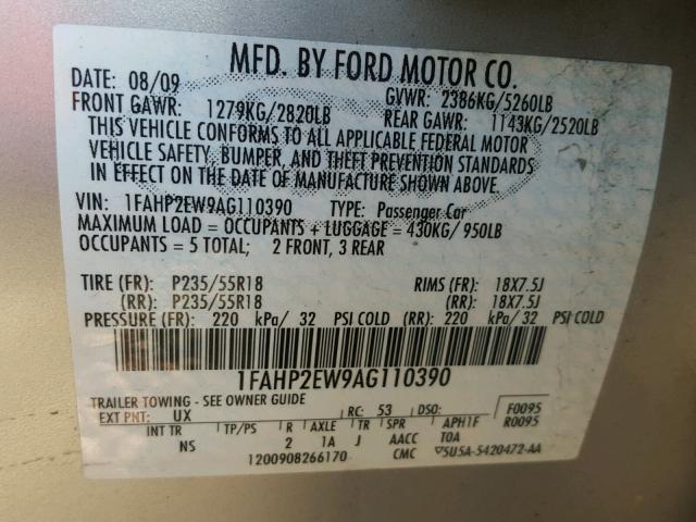 1FAHP2EW9AG110390 - 2010 FORD TAURUS SEL SILVER photo 10