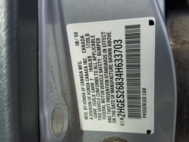 2HGES26834H633703 - 2004 HONDA CIVIC EX ვერცხლისფერი ფოტო 10