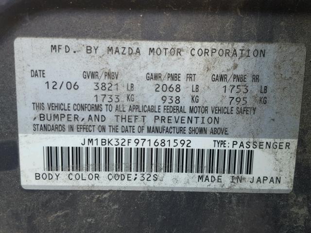 JM1BK32F971681592 - 2007 MAZDA 3 I CHARCOAL photo 10