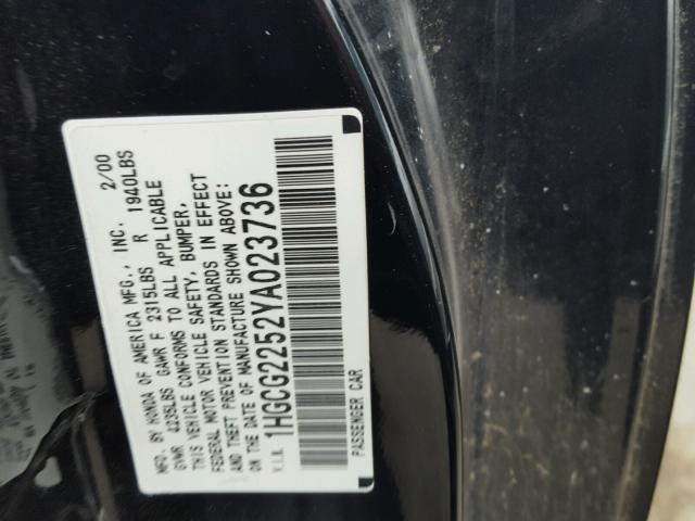 1HGCG2252YA023736 - 2000 HONDA ACCORD EX BLACK photo 10