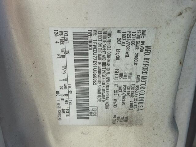 1FMZU77E91UB68862 - 2001 FORD EXPLORER S SILVER photo 10