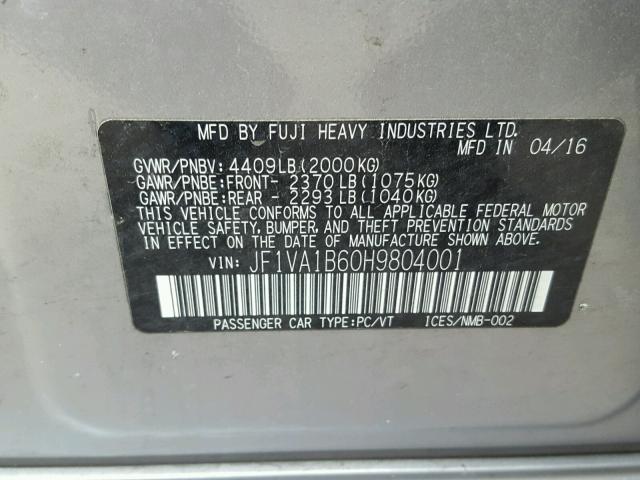 JF1VA1B60H9804001 - 2017 SUBARU WRX SILVER photo 10