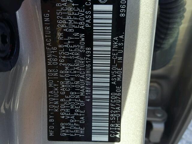 4T1BF1FK0HU617498 - 2017 TOYOTA CAMRY LE GOLD photo 10