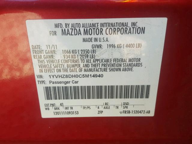 1YVHZ8DH0C5M14940 - 2012 MAZDA 6 I RED photo 10