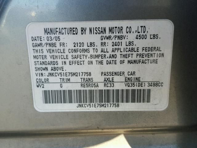 JNKCV51E75M217758 - 2005 INFINITI G35 GRAY photo 10