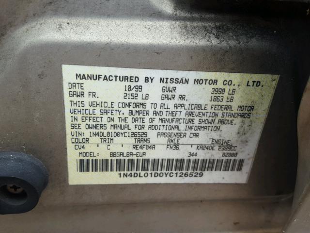 1N4DL01D0YC126529 - 2000 NISSAN ALTIMA XE SILVER photo 10