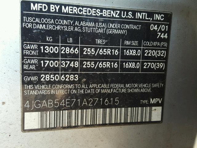 4JGAB54E71A271615 - 2001 MERCEDES-BENZ ML 320 SILVER photo 10