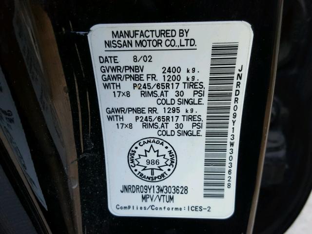 JNRDR09Y13W303628 - 2003 INFINITI QX4 BLACK photo 10