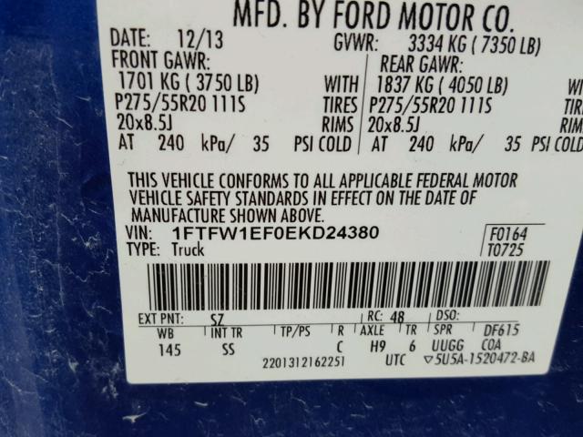 1FTFW1EF0EKD24380 - 2014 FORD F150 SUPER BLUE photo 10