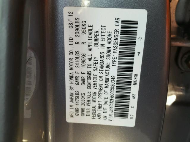 JH4CU2F60CC030349 - 2012 ACURA TSX TECH GRAY photo 10