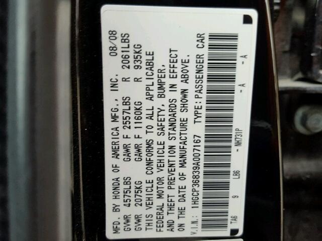 1HGCP36839A007167 - 2009 HONDA ACCORD EXL BLACK photo 10