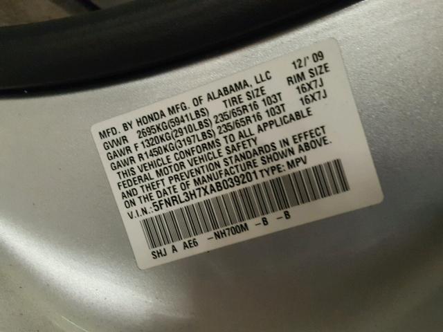 5FNRL3H7XAB039201 - 2010 HONDA ODYSSEY EX SILVER photo 10